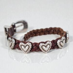 Brighton Roped Heart Braid Bandit Bracelet Silver Plated Brown Leather